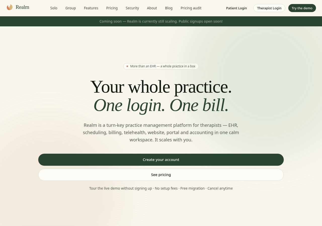 Realm — a calm, HIPAA-compliant practice platform for therapists